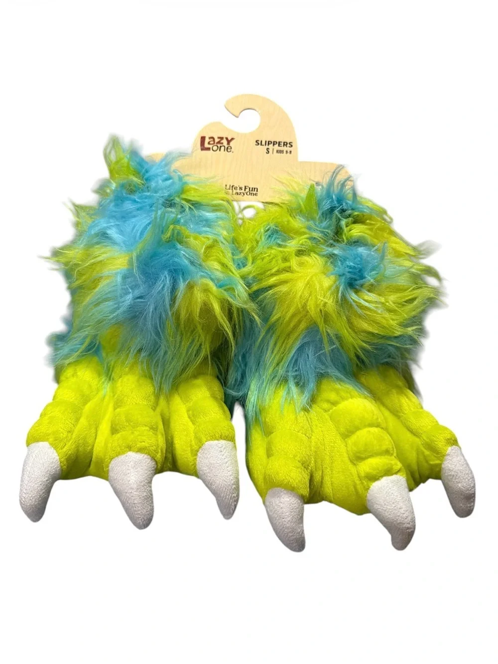 Lazy One Fuzzy Monster Claw Slippers in Lime Green & Aqua